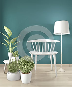 Mock up white chair and decoration in modern empty dark green room. 3d rendering