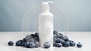 Mock-up of white cosmetic bottle with dispenser and blueberries. Natural skin care product