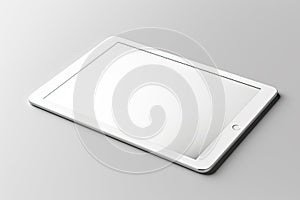 Mock up. White digital tablet computer with blank black screen mockup lies on the light gray surface background