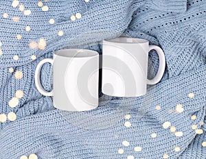 Mock up white empty mug, cup for your design and logo closeup. Template blank winter