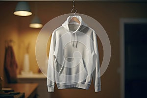 Mock-up of a white hoodie with a hood and pocket hanging on a hanger