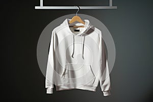 Mock-up of a white hoodie with a hood and pocket hanging on a hanger