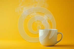 mock up a white mug with little smoke on yellow background, space for text