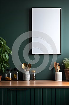 Mock up white poster frame in kitchen interior and accessories with dark green wooden slatted wall background