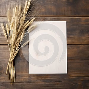Mock up.Wooden background and wheat .Generated AI. Top view