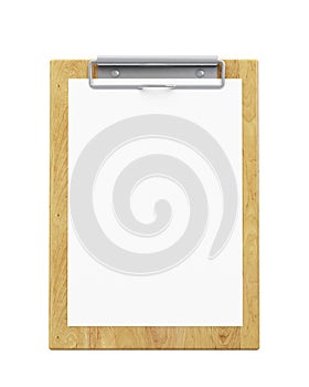 Mock up wooden clipboard with blank paper isolated on white background
