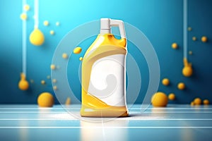 A mock-up of a yellow and white bottle with an empty label of room cleaning products. Generated by AI