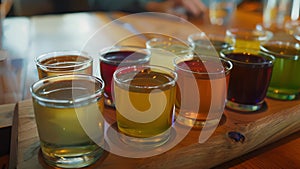 A mocktail flight with small glasses of various colors and flavors allowing guests to taste a range of options