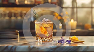 A mocktail infused with es and botanicals served in a sophisticated and vintageinspired glass elevating the tasting