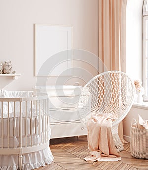 Mocku up frame in cozy girls nursery, Chic style interior background