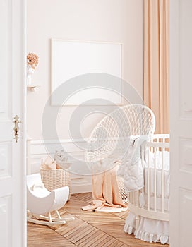 Mocku up frame in cozy girls nursery, Chic style interior background