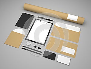 Mockup 3d illustration business template with clipboard and envelopes.