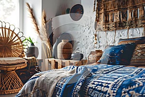 Mockup African ethnic bedroom interior with simple loft background for design. Concept African