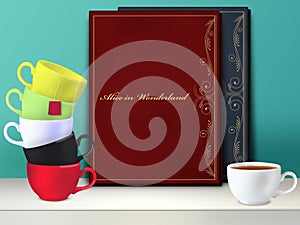 Mockup. Alice in Wonderland book. Mad tea party.