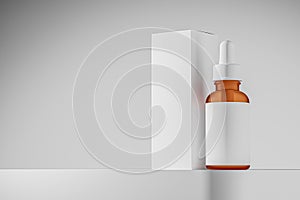 Mockup Amber glass bottle with white dropper cap next to white blank tall white box, both on reflective surface, skincare or