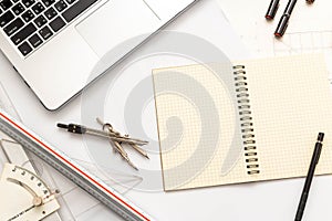 Mockup of architectural concept, Drawing tool on engineer drawing of blueprint and white background