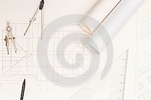 Mockup of architectural concept, Top view of drawing tools and engineer drawing on blueprint