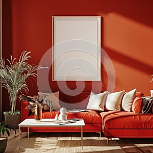 Mockup artist canvas in vertical format on red background. format front view. Frame for design