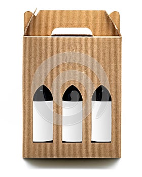 A mockup with an avana cardboard box and 3 bottles with white labels