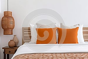 mockup background fall home modern pillow design orange lamp interior decor bed. Generative AI.