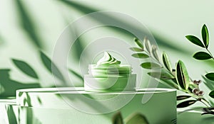 Mockup Beauty Cosmetics, Skin Care Product. Light Green Anti Ageing Cream in Glass Jar