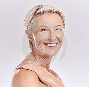 Mockup, beauty and skin care with face happy mature woman smiling and enjoying hygiene treatment. Portrait of smiling
