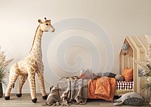 Mockup beige wall in child room interior. Interior design scandinavian style with big toys, canvas bedding. 3d rendering