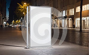 Mockup billboard. Blank white vertical advertising banners billboard stand on the sidewalk at night