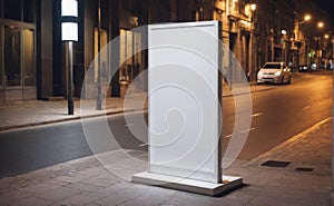 Mockup billboard. Blank white vertical advertising banners billboard stand on the sidewalk at night