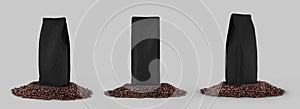 Mockup of black coffee pouch on coffee beans, gusset packaging with degassing valve, isolated on background. Set bag
