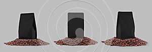 Mockup of a black coffee pouch on coffee beans, zip doypack gusset, for design, branding, advertising. Set