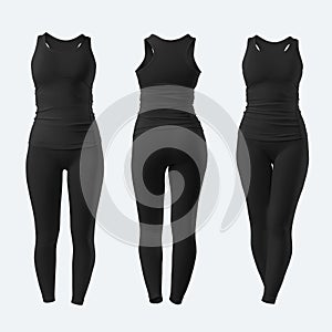 Mockup black compression underwear, tank top, leggings, no body, 3D rendering, isolated on white background