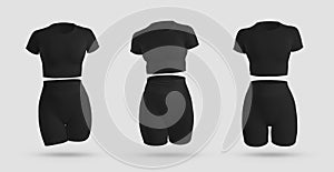 Mockup of black crop top, cycling shorts, compression suit 3D rendering, isolated on background