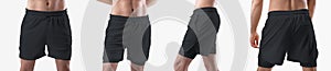 Mockup of black loose shorts with underpants compression line on athletic man, front, side, back view, male sportswear, isolated