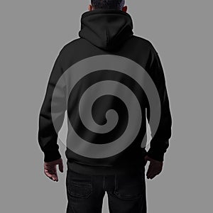 Mockup of a black oversized hoodie on a man in dark jeans, close-up rear view, loose clothes for design, branding, advertising