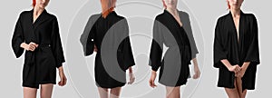 Mockup of black silk robe with belt on slender girl, set of stylish home clothes, isolated on background, front, back view