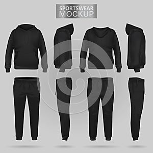 Mockup of the Black sportswear hoodie and trousers in four dimensions