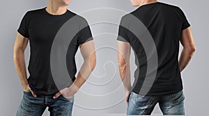 Mockup black t-shirt on muscular guy on gray background.