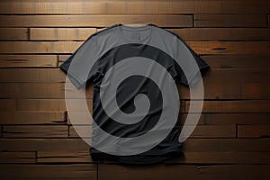 mockup. Black t-shirt on a wooden background. AI generative