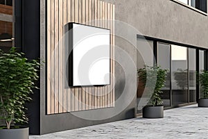 Mockup. Black white square signboard on modern building wall. Signage of shop, store, office, bar, restaurant outdoors