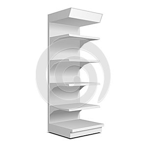 Mockup Blank Empty Showcase Display With Retail Shelves. Front View 3D. Illustration Isolated On White Background. Mock