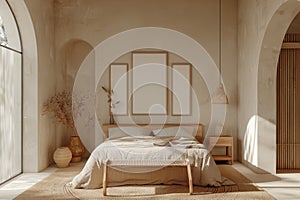 Mockup of blank frame in minimalistic interior, bedroom with beige bed, large window and wooden furniture, style of