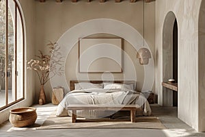 Mockup of blank frame in minimalistic interior, bedroom with beige bed, large window and wooden furniture, style of