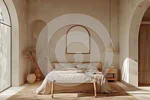 Mockup of blank frame in minimalistic interior, bedroom with beige bed, large window and wooden furniture, warmcore photo