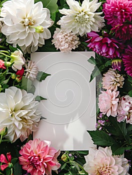 Mockup with blank greeting card with flowers and plants background. Concept invitation wedding, birthday with place for text
