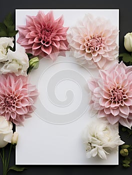 Mockup with blank greeting card with flowers and plants background. Concept invitation wedding, birthday with place for text