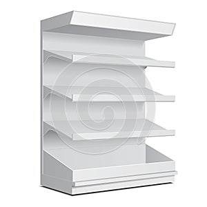 Mockup Blank Long Empty Showcase Display With Retail Shelves. Perspective View 3D. Illustration Isolated On White