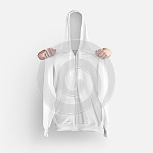 Mockup of blank long sleeve textured sweatshirt, with zipper closure, drawstrings on the hood, isolated and holding the shoulders