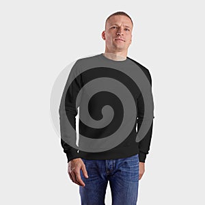 Mockup blank male heather on a walking man in blue jeans, for presentation of design, front view