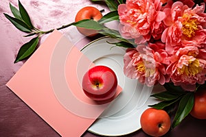 Mockup blank paper greeting card with peony flower and apple symbol of peace and harmony, Chinese new year background. Generative